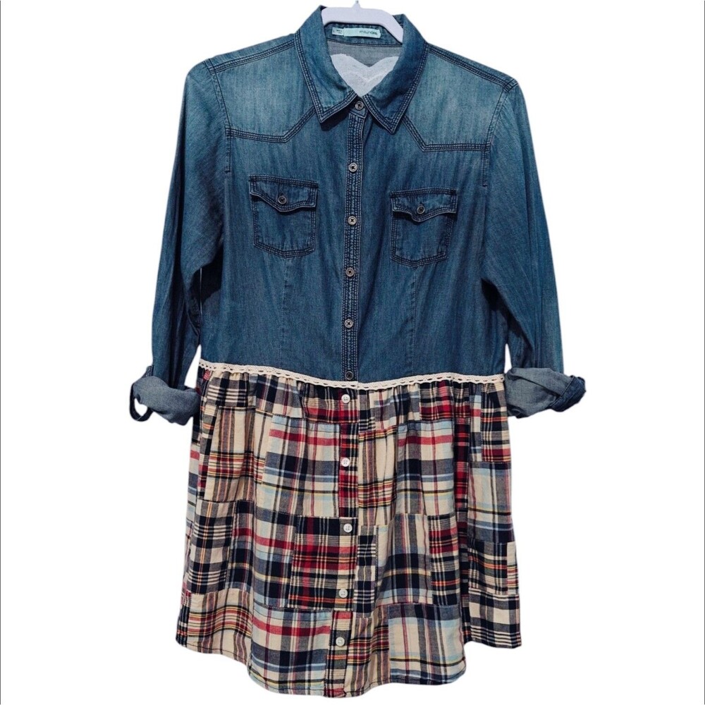 Upcycled Plaid Madras Tunic Shirt Dress L Large Heart Applique Patchwork Western